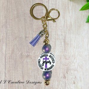 Handmade Gold Keychain with Purple Beads  Jesus Focal & Lobster Clasp